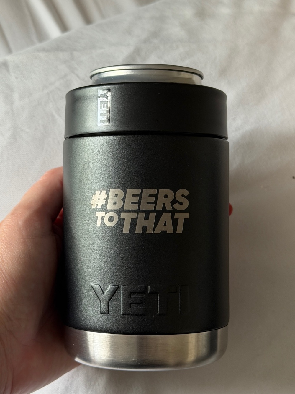 Yeti Matte Black Can Insulator with Silver Accents and #BEERSTOTHAT Text
